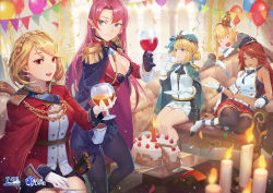 Rule 34 | 5girls, alcohol, azur lane, balloon, baraba baba, bare shoulders, belt, beret, black bra, black cape, black gloves, black hairband, black headwear, black legwear, black skirt, blonde hair, blue cape, blue eyes, bra, braid, breasts, cake, cake slice, candle, cape, chain, chair, cleavage, confetti, copyright name, crown, crown braid, cup, cupping glass, dark-skinned female, dark skin, drinking glass, duke of york (azur lane), earrings, epaulettes, fire, food, french braid, full body, gem, gloves, hair between eyes, hair over one eye, hairband, hardy (azur lane), hat, high heels, holding, indoors, jacket, jamaica (azur lane), jewelry, long hair, long sleeves, looking at viewer, looking to the side, medium breasts, medium hair, mini crown, multicolored cape, multicolored clothes, multicolored hair, multicolored skirt, multiple girls, pantyhose, pillow, pink hair, pleated skirt, pointy ears, prince of wales (azur lane), purple gemstone, queen elizabeth (azur lane), red cape, red eyes, red hair, red jacket, red skirt, saber (weapon), sitting, skirt, sleeveless, smile, socks, standing, stomach, straight hair, streaked hair, striped clothes, striped hairband, sword, teacup, thighhighs, underwear, uniform, weapon, white belt, white footwear, white gloves, white legwear, wine, wine glass, yellow eyes, yokozuwari, zettai ryouiki