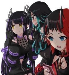 Rule 34 | 3girls, black gloves, black hair, black jacket, black shirt, blue eyes, blue hair, blunt bangs, blush, breasts, cleavage, clothing cutout, commentary request, crop top, cross-laced clothes, cross-laced sleeves, demon girl, demon horns, ear chain, ear piercing, gloves, highres, holding, holding pen, horns, jacket, jewelry, jyaco, kojo anna, kojo anna (1st costume), long hair, long sleeves, medium breasts, multicolored hair, multiple girls, nanashi inc., notebook, open clothes, open jacket, open mouth, partially fingerless gloves, pen, piercing, pointy ears, purple hair, red eyes, red hair, ring, ryugasaki rene, ryugasaki rene (1st costume), see-through, see-through cleavage, shirt, shishio chris, short hair, shoulder cutout, simple background, skirt, sleeveless, sleeveless shirt, smile, sugar lyric, transparent background, twintails, two-tone hair, upper body, virtual youtuber, walking, wavy mouth, yellow eyes