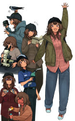 Rule 34 | 1girl, :d, ?, ^ ^, animal, animal on head, baseball cap, binoculars, bird, bird on head, blue hoodie, blush, book, broken cup, brown eyes, brown hair, brown jacket, closed eyes, closed mouth, denim, drunk, full-face blush, green jacket, hat, highres, holding, holding binoculars, holding book, hood, hoodie, jacket, jeans, light blush, looking at viewer, medium hair, microscope, multiple views, natsuno kanasemi, notice lines, on head, open mouth, original, pants, ponytail, shaded face, simple background, smile, spilling, squeans, staring, uniform, waving, white background