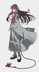 Rule 34 | 1girl, absurdres, axe, boots, chain, dress, frilled sleeves, frills, full body, hair ornament, hair ribbon, highres, holding, holding chain, long hair, long sleeves, looking at viewer, maid headdress, persona, persona 3, red hair, ribbon, sidelocks, simple background, sio2 (whynotkarma), solo, white background, white dress, white footwear, white ribbon, x hair ornament, yoshino chidori