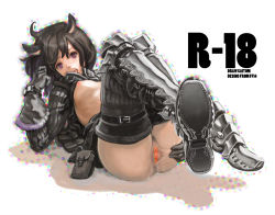 Rule 34 | 1girl, animal ears, anus, armor, bad id, bad pixiv id, black hair, boots, censored, english text, engrish text, female pubic hair, final fantasy, final fantasy xiv, gloves, highres, open clothes, open mouth, open shirt, photoshop (medium), pointless censoring, pubic hair, pussy, pussy juice, ranguage, saitou masatsugu, shirt, solo, thigh strap, thighhighs, warrior of light (ff14)