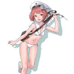 Rule 34 | 10s, 1girl, :d, anchor, bad id, bad pixiv id, beret, bikini, bow, breasts, brown eyes, brown hair, cancell, character name, clothes writing, hair bow, hat, kantai collection, looking at viewer, navel, open mouth, sailor bikini, sailor collar, sandals, shadow, short hair, silhouette, simple background, small breasts, smile, smiley face, solo, striped, striped bow, swimsuit, teeth, white background, white bikini, white hat, z3 max schultz (kancolle)