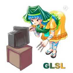 Rule 34 | 1girl, :q, apron, arm ribbon, between fingers, blue ribbon, breasts, commentary, crt, dress, english commentary, frilled apron, frills, full body, glsl, green apron, green hood, haniyasushin keiki, highres, holding, jewelry, leaning forward, leg ribbon, long hair, looking at object, magatama, magatama necklace, medium breasts, monitor, necklace, no socks, profitshame, red eyes, ribbon, sandals, short sleeves, simple background, solo, standing, tongue, tongue out, touhou, white background, yellow dress, zouri