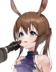 Rule 34 | 1girl, 1other, absurdres, amiya (arknights), animal ears, annoyed, arknights, black gloves, blue eyes, brown hair, cheek pinching, commentary request, dress, frown, gloves, highres, long hair, long sleeves, looking at another, open mouth, pinching, ponytail, rabbit ears, rabbit girl, simple background, uh9, upper body, white background