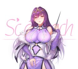 Rule 34 | 1girl, blush, breasts, character name, commentary request, dress, fate/grand order, fate (series), fur trim, hair between eyes, jewelry, large breasts, lips, long hair, looking at viewer, nipples, parted lips, purple dress, purple hair, red eyes, scathach (fate), scathach skadi (fate), scathach skadi (third ascension) (fate), see-through, simple background, smile, solo, sweat, tiara, tsuki no i-min, wand, white background