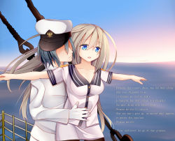 Rule 34 | 1boy, 1girl, admiral (warship girls r), black legwear, blue eyes, blue sky, breasts, cable, cleavage, closed mouth, coat, collarbone, cowboy shot, day, english text, faceless, faceless male, floating hair, gloves, grey hair, hand on another&#039;s stomach, hat, hetero, highres, hug, jyt, lexington (warship girls r), long hair, looking at another, looking away, open mouth, outstretched arms, parody, peaked cap, railing, scene reference, shirt, short sleeves, skirt, sky, skyline, smile, spread arms, sunlight, titanic (movie), uniform, waist hug, warship girls r, white coat, white gloves, white hat, white shirt, white skirt