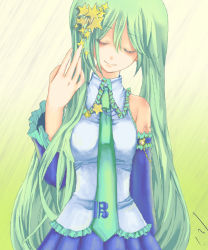 Rule 34 | 1girl, alternate hair color, alternate hairstyle, bad id, bad pixiv id, bare shoulders, closed eyes, detached sleeves, fang xue jun, gradient background, green hair, hatsune miku, highres, long hair, necktie, smile, solo, star (symbol), very long hair, vocaloid