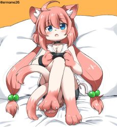 Rule 34 | 1girl, ahoge, animal ears, animal hands, bare arms, bare legs, bare shoulders, bed sheet, bike shorts, black shorts, blue eyes, blush, body fur, cat, cat ears, cat girl, cat paws, cat tail, claws, collarbone, controller, crossed legs, eromame, eyebrows, facing viewer, fewer digits, furrification, furry, furry female, hair between eyes, hair bobbles, hair ornament, hinata channel, holding, holding controller, long hair, looking at viewer, low twintails, multiple tails, nekomiya hinata, open mouth, orange background, pillow, pink hair, playing games, playstation controller, shirt, shorts, simple background, sitting, solo, tail, tank top, tied shirt, twintails, twitter username, two tails, very long hair, virtual youtuber, white shirt, wristband