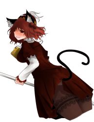 Rule 34 | 1girl, @ @, animal ears, arano oki, blush, breasts, cat ears, cat girl, cat tail, female focus, hair bobbles, hair ornament, hat, kawashiro mitori, large breasts, layered sleeves, long sleeves, open mouth, original, puffy sleeves, red eyes, red hair, short hair, solo, tail, touhou, white background
