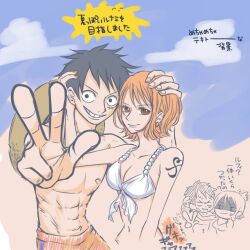 Rule 34 | 1boy, 1girl, artist request, beach, bikini, black hair, breasts, cleavage, couple, curvy, hand on another&#039;s head, hat, medium breasts, monkey d. luffy, muscular, muscular male, nami (one piece), one piece, orange hair, scar, short hair, source request, straw hat, swimsuit, tattoo, v