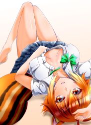 Rule 34 | 1girl, antenna hair, blazblue, blush, bow, bowtie, breasts, breasts apart, chukachuka, covered erect nipples, feet, gradient background, green bow, green bowtie, hand on own head, highres, large breasts, looking away, lying, makoto nanaya, miniskirt, multicolored hair, no bra, orange eyes, parted lips, shirt, short hair, skirt, soles, solo, squirrel tail, tail, thigh gap, two-tone hair, unbuttoned, unbuttoned shirt, white shirt