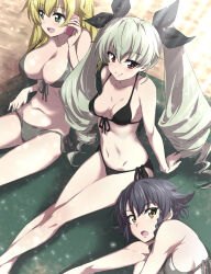 Rule 34 | 3girls, :d, anchovy (girls und panzer), bikini, black bikini, black hair, black ribbon, blonde hair, breasts, carpaccio (girls und panzer), commentary request, girls und panzer, hair ribbon, highres, large breasts, looking at viewer, medium breasts, multiple girls, nakahira guy, navel, open mouth, pepperoni (girls und panzer), red eyes, ribbon, sitting, smile, swimsuit