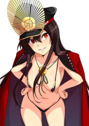 Rule 34 | 1girl, black hair, breasts, covered erect nipples, cowboy shot, fate/grand order, fate (series), grin, hands on own hips, haruhisky, hat, highres, large breasts, leaning forward, long hair, looking at viewer, navel, oda nobunaga (fate), oda nobunaga (koha-ace), oda nobunaga (swimsuit berserker) (fate), oda nobunaga (swimsuit berserker) (second ascension) (fate), parted lips, peaked cap, red eyes, shiny skin, simple background, slingshot swimsuit, smile, solo, swimsuit, white background