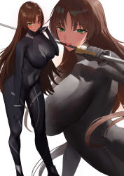 Rule 34 | 1girl, absurdres, black bodysuit, black gloves, bodysuit, breasts, brown hair, covered navel, curvy, felicia castro, gloves, green eyes, highres, large breasts, long hair, one eye closed, original, rororo, skin tight, thick thighs, thighs, tongue, tongue out