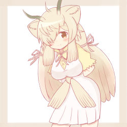 Rule 34 | 1girl, animal ear fluff, arms behind back, blush, brown background, brown eyes, brown hair, closed mouth, commentary request, dress, hair over one eye, highres, kemono friends, leaning forward, looking at viewer, ox ears, ox girl, ox horns, pleated dress, puffy short sleeves, puffy sleeves, shirt, short sleeves, sleeveless, sleeveless dress, smile, solo, standing, sunanuko (ramuneko), two-tone background, white background, white dress, yak (kemono friends), yellow shirt