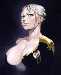 Rule 34 | 1girl, blonde hair, blue eyes, breasts, center opening, chyko, cleavage, collarbone, grey hair, huge breasts, impossible clothes, lips, no bra, nose, original, short hair, solo, upper body, white hair