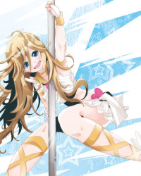 Rule 34 | 10s, 1girl, ankle lace-up, blonde hair, blue eyes, cross-laced footwear, female focus, hashioka kerun, jewelry, long hair, lots of jewelry, midriff, panty &amp; stocking with garterbelt, panty (psg), pole, pole dancing, shoes, skirt, smile, solo, stripper pole, white background, winged footwear, wings