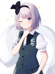 Rule 34 | 1girl, ;), black bow, black bowtie, black hairband, blue eyes, bow, bowtie, closed mouth, cowboy shot, ghost, green skirt, green vest, grey hair, hairband, hand on own chin, highres, konpaku youmu, konpaku youmu (ghost), looking at viewer, one eye closed, purin jiisan, shirt, short hair, simple background, skirt, smile, solo, standing, touhou, vest, white background, white shirt