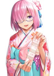 Rule 34 | 1girl, :d, bad id, bad pixiv id, blue eyes, fate/grand order, fate (series), fingernails, glasses, hair over one eye, hand up, holding, japanese clothes, kimono, long sleeves, looking at viewer, mash kyrielight, mash kyrielight (irohanihoheto), official alternate costume, open mouth, pink hair, pink kimono, purple eyes, short hair, simple background, smile, solo, umihotaru harumare, upper body, white background, wide sleeves