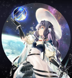 Rule 34 | 1girl, absurdres, arknights, armillary sphere, astesia (arknights), astesia (starseeker) (arknights), black gloves, blue eyes, blue hair, breasts, cape, celestial globe, cowboy shot, gloves, hair intakes, hand up, high-waist skirt, highres, holding, holding sword, holding weapon, jiusan naitang, light particles, long hair, official alternate costume, puffy short sleeves, puffy sleeves, reverse grip, short sleeves, skirt, sky, small breasts, solo, standing, star (sky), starry sky, sword, weapon, white headwear, white skirt