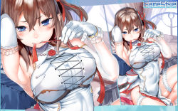 Rule 34 | 1girl, arm up, armpits, bag, blue eyes, blush, breasts, brown hair, china dress, chinese clothes, covered navel, dress, elbow gloves, game-style, garter straps, gloves, hair between eyes, hair ribbon, highres, karochii, large breasts, bridal garter, looking at viewer, medium hair, mouth hold, on bed, one side up, original, pelvic curtain, pleated skirt, ribbon, ribbon in mouth, school bag, sitting, skirt, solo, wallpaper, white dress, white gloves