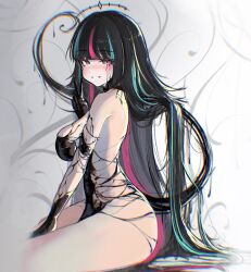 Rule 34 | 1girl, black dress, black hair, blue eyes, blue hair, breasts, claws, cleavage, cowboy shot, dress, emma llama, floating, floating object, highres, indie virtual youtuber, large breasts, liquid clothes, liquid from eyes, liquid tail, long hair, multicolored hair, pink eyes, pink hair, revealing clothes, s7nsles, sitting, solo, streaked hair, tiara, two-tone eyes, virtual youtuber