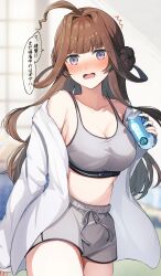 Rule 34 | 1girl, ahoge, alternate costume, blurry, blurry background, blush, breasts, brown hair, can, character name, cleavage, clothes writing, commentary request, double bun, drawstring, drink can, grey shorts, grey sports bra, hair bun, highres, holding, holding can, jacket, kantai collection, kongou (kancolle), large breasts, long hair, looking at viewer, nose blush, off shoulder, open mouth, purple eyes, ranran 3939, shorts, soda can, solo, speech bubble, sports bra, translation request, white jacket