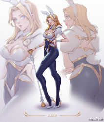 Rule 34 | 1girl, adapted costume, alternate costume, animal ears, artist name, blonde hair, blue eyes, bodysuit, breasts, character name, chest guard, choker, citemer, cleavage, collarbone, commentary, covered navel, cowboy shot, english commentary, fake animal ears, fake tail, hand on own hip, high heels, highres, league of legends, leotard, long hair, looking at viewer, lux (league of legends), medium breasts, pantyhose, parted lips, playboy bunny, rabbit ears, rabbit tail, signature, simple background, solo, staff, standing, tail, white background