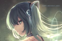 Rule 34 | 1girl, from side, gradient background, green eyes, green hair, happy birthday, hatsune miku, highres, looking at viewer, matching hair/eyes, rupe paperu, solo, vocaloid