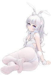 Rule 34 | + +, 1girl, absurdres, animal ears, ass, azur lane, blue eyes, blush, extra ears, fake animal ears, feet, foreshortening, from behind, full body, hair ornament, hairband, highres, le malin (azur lane), le malin (listless lapin) (azur lane), legs, leotard, long hair, looking at viewer, looking back, nagata gata, no shoes, official alternate costume, pantyhose, parted lips, playboy bunny, rabbit ears, rabbit tail, silver hair, simple background, soles, solo, tail, thigh strap, very long hair, white background, white hairband, white leotard, wrist cuffs