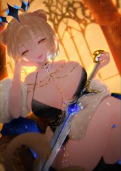 Rule 34 | 1girl, absurdres, artist request, black dress, blonde hair, breasts, collar, crown, dress, feather boa, gold, hazumi aileen, highres, holding, holding weapon, huge breasts, large breasts, lips, nails, open mouth, sitting, smile, sunlight, sword, virtual youtuber, weapon, window, yellow eyes