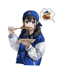 Rule 34 | 1girl, backwards hat, baseball cap, black eyes, black hair, blue hat, blush, cropped torso, eating, food, hamster, hat, holding, holding plate, jacket, long hair, long sleeves, looking at viewer, original, plate, rinotuna, skewer, solo, thought bubble, upper body