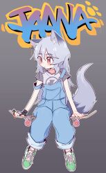 Rule 34 | 1girl, absurdres, animal ears, black gloves, blue overalls, character name, commentary, commission, eds, english commentary, fingerless gloves, fox ears, fox girl, fox tail, gloves, graffiti, green footwear, grey background, grey hair, grey shirt, highres, jaana kettu, original, overalls, red eyes, shirt, shoes, short sleeves, simple background, single glove, skateboard, solo, t-shirt, tail