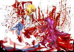 Rule 34 | 2girls, amputee, bleeding, blonde hair, blood, blood on face, blood splatter, blood on clothes, bow, braid, dress, ellen (majo no ie), guro, hair bow, injury, majo no ie, multiple girls, niana (my041004), open mouth, pain, purple hair, spoilers, strangling, viola (majo no ie)