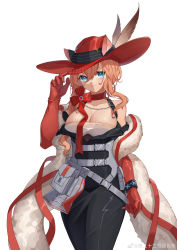 Rule 34 | 1girl, 22 (dbq), :3, absurdres, animal ears, arknights, bare shoulders, belt, black dress, blue eyes, breasts, cat ears, chinese commentary, choker, cleavage, collarbone, commentary request, cowboy shot, dress, ears through headwear, gloves, grey belt, hair between eyes, hand up, hat feather, heidi (arknights), highres, large breasts, long hair, looking at viewer, off-shoulder dress, off shoulder, pink hair, red choker, red gloves, red headwear, simple background, smile, solo, standing, strapless, tube top, white background