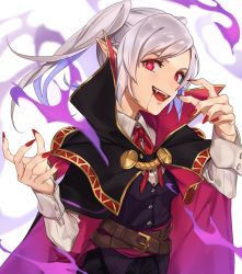 Rule 34 | 1girl, alternate costume, aura, belt, blood, blood from mouth, blood on face, blouse, braid, cape, collared shirt, dark aura, fingernails, fire emblem, fire emblem awakening, french braid, grima (fire emblem), halloween costume, highres, kamu (kamuuei), long fingernails, long sleeves, nail polish, nintendo, open mouth, pinstripe pattern, pinstripe vest, pointy ears, popped collar, red eyes, robin (female) (fire emblem), robin (fire emblem), sharp fingernails, shirt, simple background, solo, striped clothes, striped shirt, striped vest, twintails, upper body, vampire costume, vertical-striped clothes, vertical-striped shirt, vertical-striped vest, vest, white background, white hair