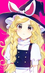Rule 34 | 1girl, absurdres, apron, black hat, black vest, blonde hair, braid, brown eyes, closed mouth, frilled apron, frills, hat, highres, kirisame marisa, long hair, pink background, puffy short sleeves, puffy sleeves, shirt, short sleeves, single braid, solo, touhou, unfinished dream of all living ghost, upper body, vanilla (miotanntann), vest, waist apron, white apron, white shirt, witch hat