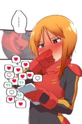 Rule 34 | ..., 1girl, absurdres, adjusting clothes, ass, black eyes, blush, bodysuit, bright pupils, cellphone, embarrassed, female focus, full-face blush, gloves, gundam, gundam zz, hair between eyes, hand to own mouth, highres, holding, holding phone, onimal7802, orange hair, phone, pilot suit, puru two, skin tight, smartphone, solo, sweat, nervous sweating, thought bubble, white background, white pupils
