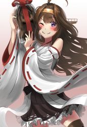 Rule 34 | 10s, 1girl, ahoge, ao iro, bare shoulders, black legwear, black skirt, blush, brown hair, chocolate, detached sleeves, hairband, headgear, highres, japanese clothes, kantai collection, kongou (kancolle), long hair, nontraditional miko, one eye closed, pink background, purple eyes, ribbon-trimmed sleeves, ribbon trim, skirt, smile, solo, valentine, wide sleeves