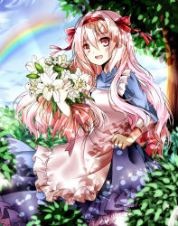 Rule 34 | 1girl, after rain, apron, bad id, bad pixiv id, blouse, blush, bush, cloud, cloudy sky, day, dress, flower, frilled dress, frills, hair ribbon, highres, holding, holding flower, hysteria, kagerou project, kozakura marry, light rays, lily (flower), long sleeves, open mouth, pink hair, rainbow, ribbon, shade, shirt, sky, smile, solo, sparkle, sunbeam, sunlight, tree