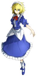 Rule 34 | 1girl, arm at side, bad id, bad pixiv id, blonde hair, blue eyes, blue footwear, blue shirt, blue skirt, expressionless, full body, highres, kankan33333, looking at viewer, maid, maid headdress, mugetsu (touhou), shirt, shoes, short hair, short sleeves, simple background, skirt, socks, solo, touhou, touhou (pc-98), white background, white socks