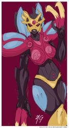 Rule 34 | 1girl, absurdres, alien, armor, beast wars, black lips, blackarachnia, boots, breasts, claws, colored skin, highres, humanoid robot, large breasts, m-a-v-e-r-i-c-k, panties, red eyes, robot, shoulder armor, solo, thick thighs, thighs, transformers, underwear, yellow panties