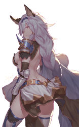 Rule 34 | 10s, 1girl, animal ears, backless outfit, bare back, black gloves, breasts, cancer (zjcconan), elbow gloves, erune, gloves, granblue fantasy, heles, long hair, looking at viewer, looking back, red eyes, sideboob, simple background, skirt, solo, thighhighs, white background, white hair