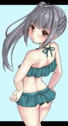 Rule 34 | 1girl, adapted costume, ass, back, bare shoulders, bikini, blue background, blush, brown eyes, closed mouth, graphite (medium), green bikini, grey hair, hands on own hips, kantai collection, kasumi (kancolle), kurogane daichi, long hair, looking at viewer, looking back, mechanical pencil, pencil, pout, side ponytail, simple background, solo, standing, swimsuit, traditional media