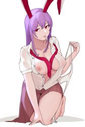 Rule 34 | 1girl, :p, absurdres, animal ears, breasts, highres, kneeling, large breasts, long hair, looking at viewer, nipples, panties, panty pull, purple hair, rabbit ears, red eyes, reisen udongein inaba, scdz2344, shirt, simple background, skirt, solo, tongue, tongue out, touhou, underwear, white background