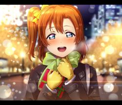 Rule 34 | 1girl, blue eyes, blurry, blush, bokeh, bow, breath, city lights, coat, depth of field, diffraction spikes, gift, gloves, hair between eyes, hair bow, kosaka honoka, letterboxed, long sleeves, looking at viewer, love live!, love live! school idol project, night, one side up, open mouth, orange hair, outdoors, smile, solo, upper body, usamaru67pi, yellow bow