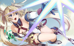 Rule 34 | armor, bare shoulders, blonde hair, blue eyes, boots, bradamante (fate), bradamante (first ascension) (fate), braid, breasts, cleavage, crown braid, elbow gloves, fate/grand order, fate (series), faulds, gloves, hair between eyes, halterneck, highleg, highleg leotard, highres, knee boots, leotard, long hair, solo, tenni noboru, thigh strap, thighs, twintails, very long hair