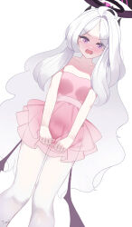 1girl absurdres ahoge alternate_costume bare_shoulders blue_archive blush collarbone commentary_request dress forehead halo highres hina_(blue_archive) long_hair looking_at_viewer pantyhose parted_bangs pink_dress purple_eyes short_dress sidelocks simple_background solo strapless strapless_dress tomid v_arms wavy_hair white_background white_hair white_pantyhose