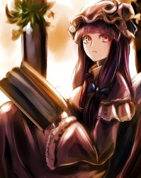 Rule 34 | 1girl, bad id, bad twitter id, book, bow, breasts, capelet, chair, commentary request, crescent, crescent moon, dress, hair bow, hat, hat ornament, highres, jan (lightdragoon), long hair, long sleeves, looking at viewer, looking to the side, md5 mismatch, mob cap, moon, one-hour drawing challenge, open book, parted lips, patchouli knowledge, plant, potted plant, purple dress, purple hair, red eyes, resized, ribbon, sitting, solo, sunlight, touhou, window