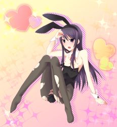 Rule 34 | 00s, 1boy, animal ears, bare shoulders, blush, crossdressing, fake animal ears, frown, long hair, male focus, nipples, open mouth, pantyhose, playboy bunny, purple eyes, purple hair, rabbit ears, rabbit tail, sitting, solo, tail, tales of (series), tales of vesperia, torn clothes, trap, wrist cuffs, yuri lowell